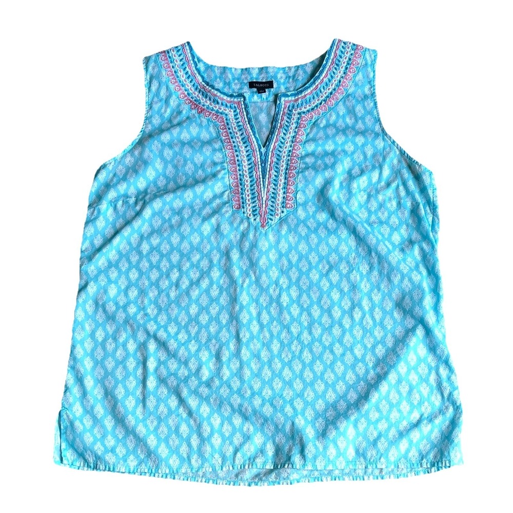 Talbots Boho Tank Top Medium‎ Aqua Embroidered Poplin Blouse India Lightweight
